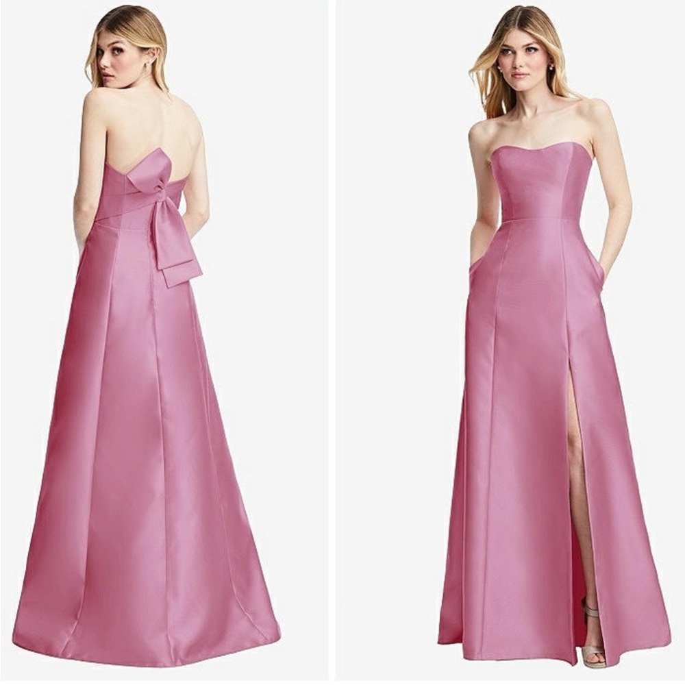 ALFRED SUNG Strapless A-Line Modern Bow Pockets Satin Pink Maxi Dress NWT size 0